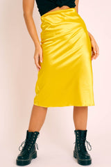 Mustard Satin High Waist Floaty Midi Skirt - Dasha