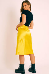 Mustard Satin High Waist Floaty Midi Skirt - Dasha