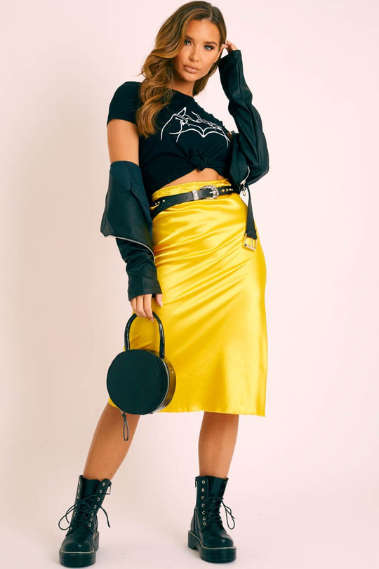 Mustard Satin High Waist Floaty Midi Skirt - Dasha