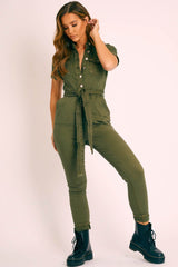 Khaki Denim Short Sleeve Button Up Belted Waist Boilersuit - Stevie