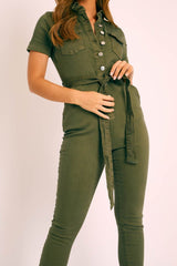 Khaki Denim Short Sleeve Button Up Belted Waist Boilersuit - Stevie