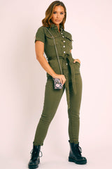 Khaki Denim Short Sleeve Button Up Belted Waist Boilersuit - Stevie