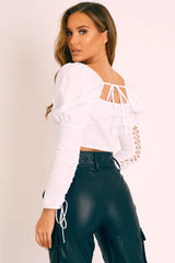 White Lace Up Front and Sleeves Milkmaid Crop Top - Zyria