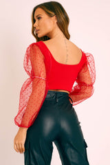 Red Polka Dot Organza Sleeve Crop Top - Bianca