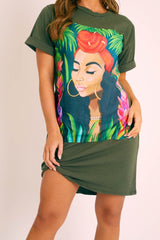 Khaki Graphic Printed T-shirt Dress - Meeka