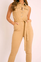 Camel Button Front Sleeveless Jumpsuit - Faven
