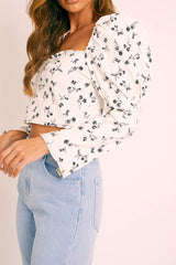 White Black Floral Puff Sleeve Zip Back Crop Top - Carie