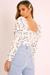 White Black Floral Puff Sleeve Zip Back Crop Top - Carie
