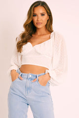 White Swiss Dot Frill Trim Crop Top - Mena