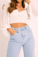 White Swiss Dot Frill Trim Crop Top - Mena