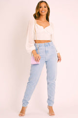 White Swiss Dot Frill Trim Crop Top - Mena