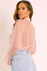 Pink Tulle Ruffle Tie Detail Shirt - Vanessa