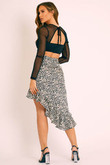 Black White Leopard Print Frilled Hem Midi Skirt - Julia