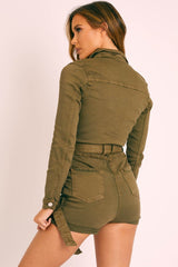 Khaki Denim Long Sleeve Belted Playsuit - Jasslyn