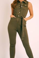 Khaki Button Front Sleeveless Jumpsuit - Faven