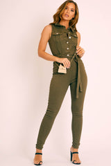 Khaki Button Front Sleeveless Jumpsuit - Faven
