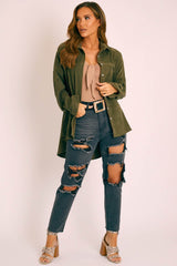 Khaki Corduroy Button Front Oversized Shirt - Kyrah