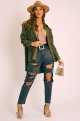 Khaki Corduroy Button Front Oversized Shirt - Kyrah