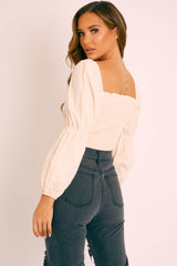 Cream Button Up Milkmaid Crop Top - Miyah