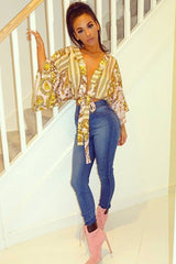 Nude Tie Front Kimono Sleeve Scarf Print Top - Perel