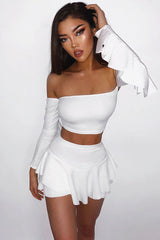 White Bardot Frill Sleeve Crop Top - Nancie