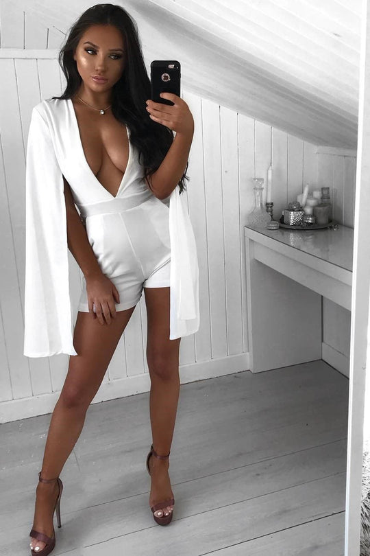 White Extreme Plunge Cape Playsuit - Haylo
