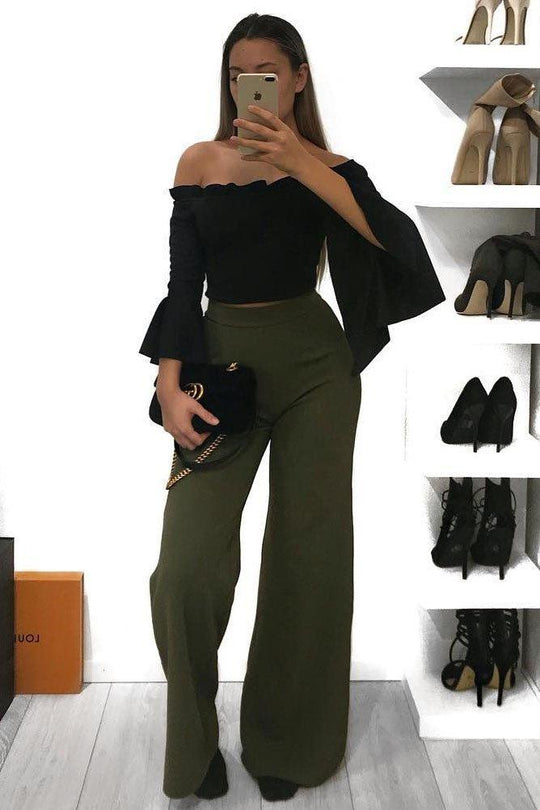 Black Faux Suede Bardot Frill Crop Top with Flared Sleeves - Tiffy