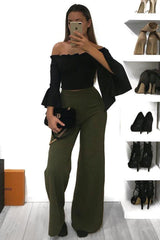 Black Faux Suede Bardot Frill Crop Top with Flared Sleeves - Tiffy