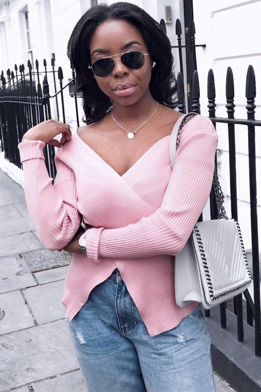 Rose Ribbed Thin Knit Wrap Top - Jordi