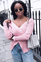 Rose Ribbed Thin Knit Wrap Top - Jordi