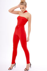 Red Slinky Lace Up Corset Choker Jumpsuit - Daisey