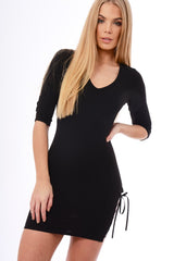 Black Long Sleeved Side Lace Up Detail Bodycon Dress - Kella