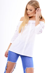 White Bardot Floral Embroidered Sleeve Blouse - Clarise