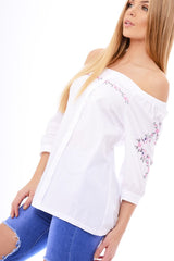 White Bardot Floral Embroidered Sleeve Blouse - Clarise