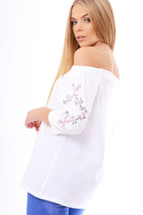 White Bardot Floral Embroidered Sleeve Blouse - Clarise