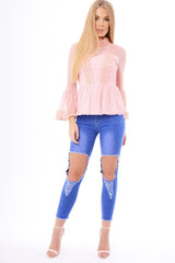 Pink Mesh Crochet Bell Sleeve High Neck Blouse - Loretta