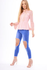 Pink Mesh Crochet Bell Sleeve High Neck Blouse - Loretta