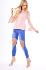 Pink Mesh Crochet Bell Sleeve High Neck Blouse - Loretta