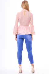 Pink Mesh Crochet Bell Sleeve High Neck Blouse - Loretta