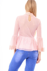 Pink Mesh Crochet Bell Sleeve High Neck Blouse - Loretta