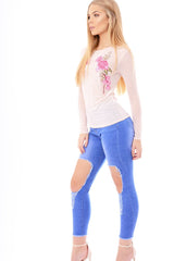 Nude Mesh Floral Embroidered Long Sleeve Top - Lisha