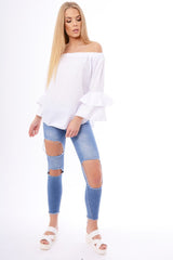 White Bardot Frill Sleeve Top - Ruth