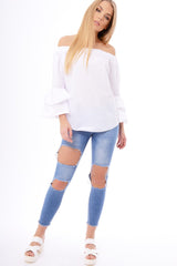 White Bardot Frill Sleeve Top - Ruth