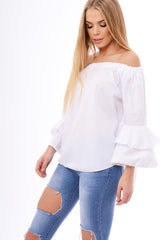 White Bardot Frill Sleeve Top - Ruth