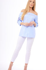 Blue Bardot Floral Embroidered Sleeve Blouse - Clarise