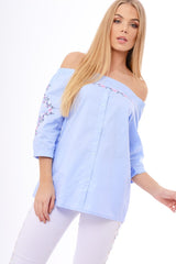 Blue Bardot Floral Embroidered Sleeve Blouse - Clarise