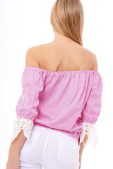 Pink Striped Crochet Trim Bardot Top - Nisha