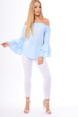 Blue Bardot Frill Sleeve Top - Ruth