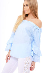 Blue Bardot Frill Sleeve Top - Ruth