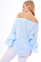 Blue Bardot Frill Sleeve Top - Ruth